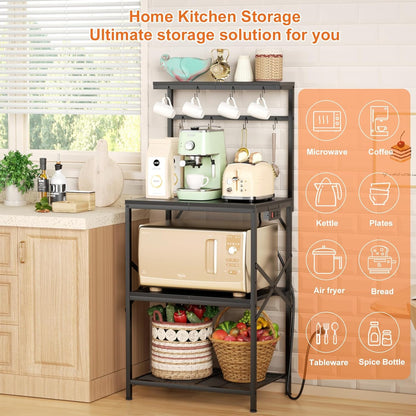 4-Tier Kitchen Bakers Rack with Power Outlet, Coffee Bar Table, Microwave Stand, 8 Hooks, Coffee Station Organizer, Spice and Pot Storage, Black
