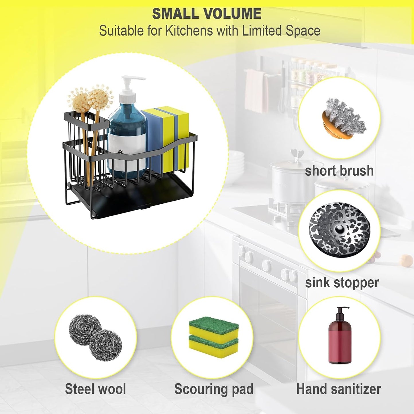 Sink Caddy Sponge Holder for Kitchen, Stainless Steel with Brush Holder and Self-Drain Tray, Rustproof Organizer for Sponge, Soap Dispenser, and Accessories