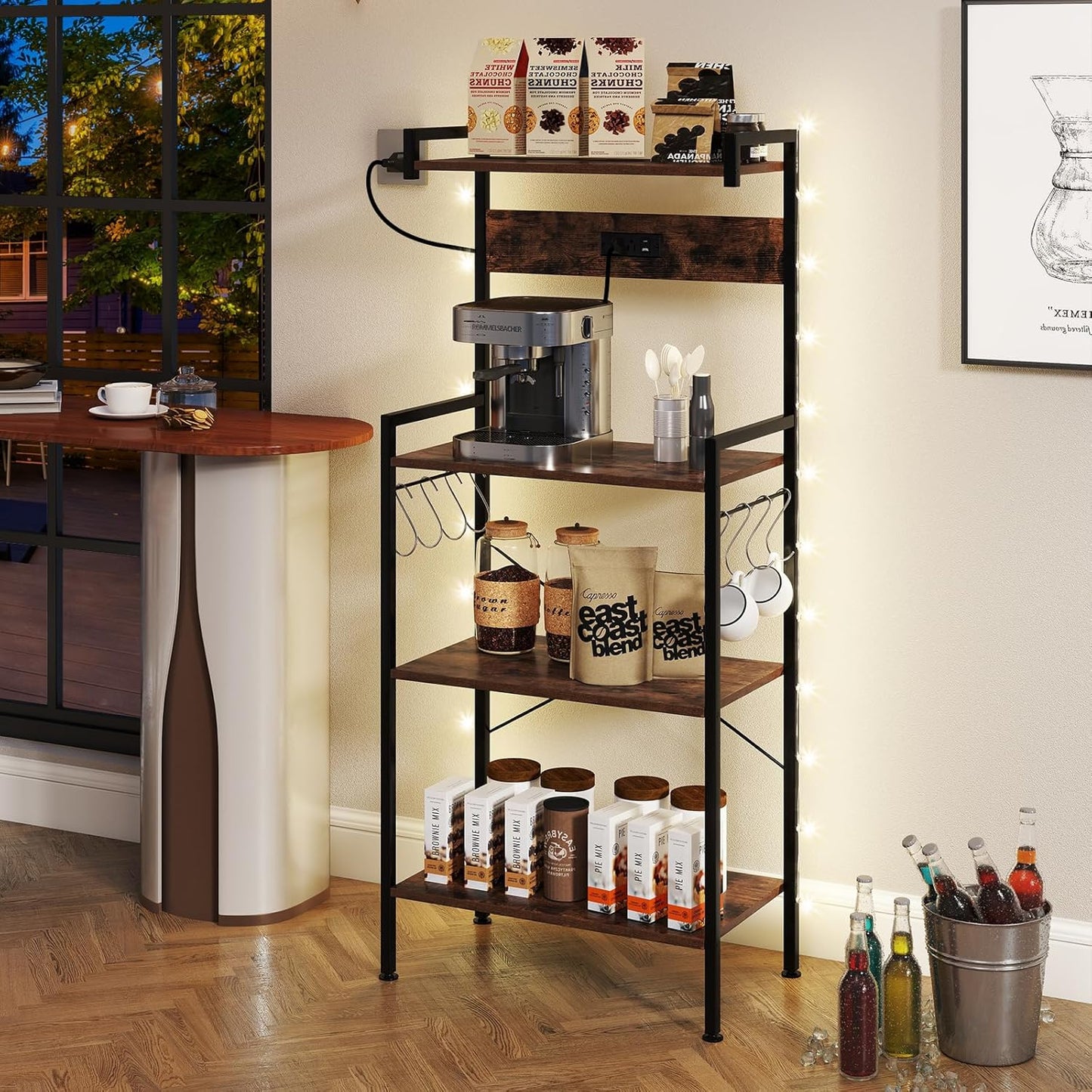 4-Tier Kitchen Bakers Rack with Power Outlets, USB Ports, 8 Hooks, Coffee Bar Table and Microwave Stand, Spice and Pot Storage, Home and Office