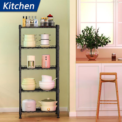 5-Wire Metal Shelving Rack with Adjustable Shelves, Standing Storage Unit for Laundry, Bathroom, Kitchen, Pantry, or Closet, 11.8" D x 16.6" W x 53.5" H, Black