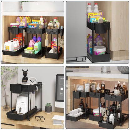 3 Pack Under-Sink 2-Tier Organizers with Sliding Drawers, Multi-Use Kitchen and Bathroom Storage, 12.8" Black Cabinet Organizer
