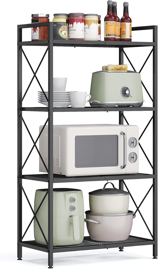 4-Tier Metal Storage Rack with X Side Frames, Dense Mesh, 12.6x23.6x44.3", Industrial Ink Black