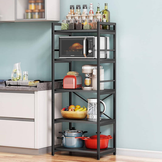5-Tier Bakers Rack, Industrial Microwave Stand, Coffee Bar, Kitchen Storage Shelf, 23.62x15.75x60.24", Black