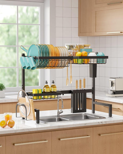 Over-the-Sink 2-Tier Dish Drying Rack, Adjustable Stainless Steel Drainer with Cutlery Holders, 30-33.9x11x21.5", Black