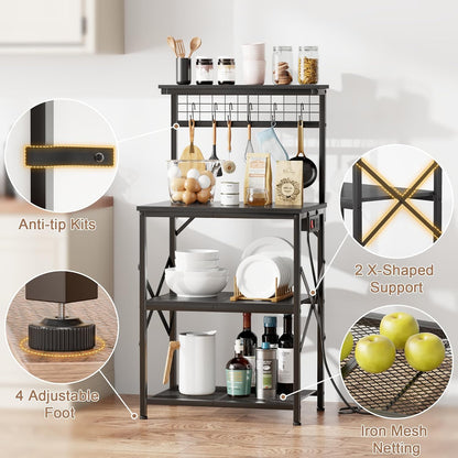 4-Tier Kitchen Bakers Rack with Power Outlet, Microwave Stand, 6 Hooks, Coffee Bar Table, Black