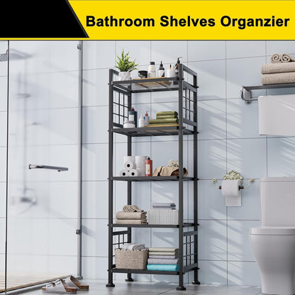 5-Tier Metal Book Shelf and Storage Rack, Standing Bookcase for Kitchen, Bathroom, Laundry Organizer, Black