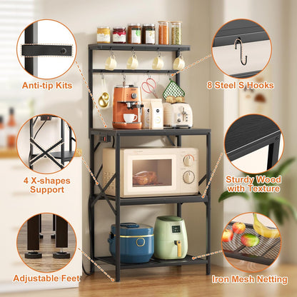 4-Tier Kitchen Bakers Rack with Power Outlet, Coffee Bar Table, Microwave Stand, 8 Hooks, Coffee Station Organizer, Spice and Pot Storage, Black
