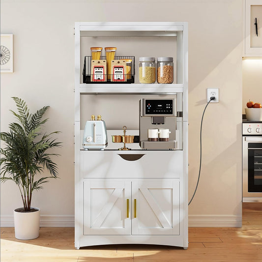 4-Tier Bakers Rack with Power Outlet, Microwave Stand, Freestanding Kitchen Storage Rack, Coffee Bar, Rustic Brown