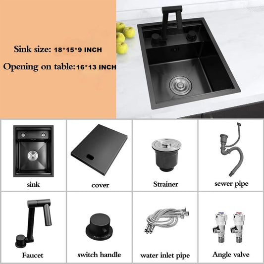 18x15x9-Inch Undermount Bar Kitchen Sink, 16-Gauge Stainless Steel Single Bowl Workstation with Faucet, Black