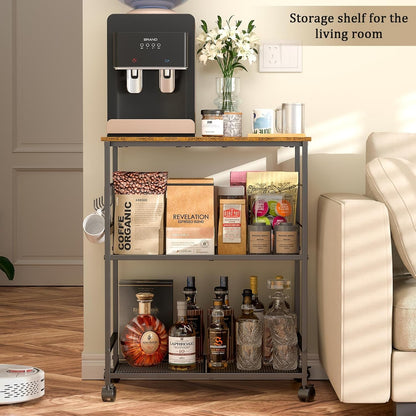 3-Tier Rolling Kitchen Microwave Cart with Storage, Utility Cart on Lockable Wheels, Coffee Cart Shelf Organizer for Living Room, Office, Balcony