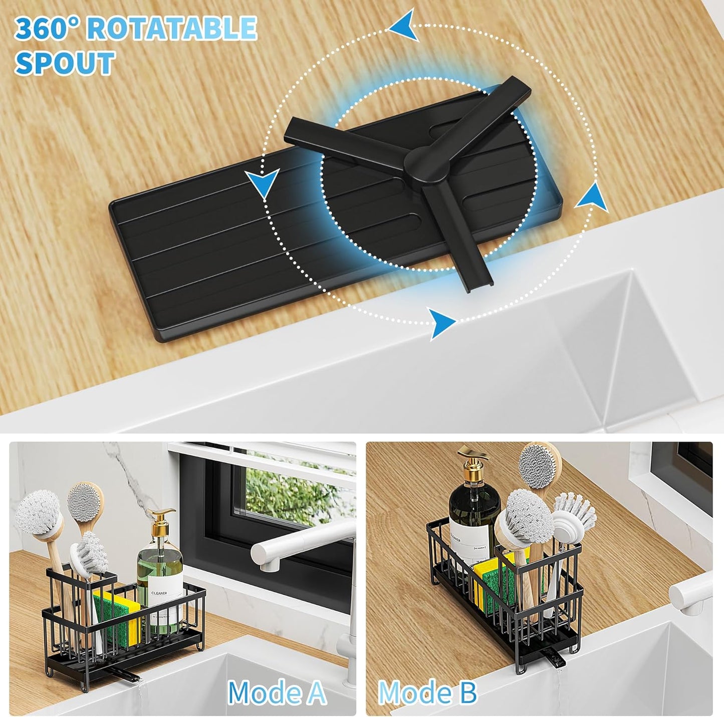 Black Kitchen Sink Sponge Holder Caddy, Rustproof 304 Stainless Steel with Brush & Soap Organizer