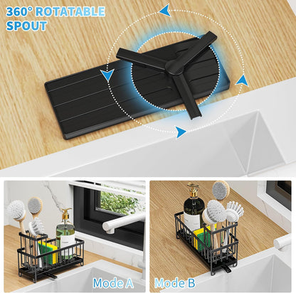 Black Kitchen Sink Sponge Holder Caddy, Rustproof 304 Stainless Steel with Brush & Soap Organizer