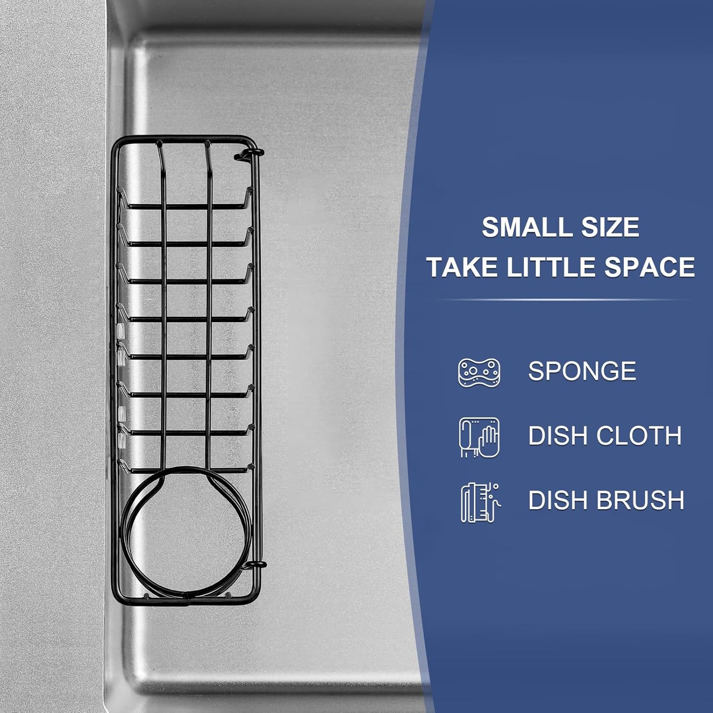 3-in-1 Kitchen Sink Sponge Holder, Hanging Caddy Organizer Rack for Sponge, Dish Cloth, Brush, Scrubber, 304 Stainless Steel, Black, Suction Cup & Adhesive Hook Options