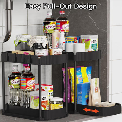 2 Pack Multi-Purpose Pull-Out Storage Organizers, 12.8" Under-Sink and Under-Cabinet Storage for Bathroom & Kitchen, Black