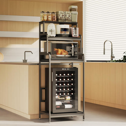 4-Tier Mini Fridge Stand with Storage, Microwave Oven Stand, Bakers Rack, Home, Office, Dorm, Black Wood Grain