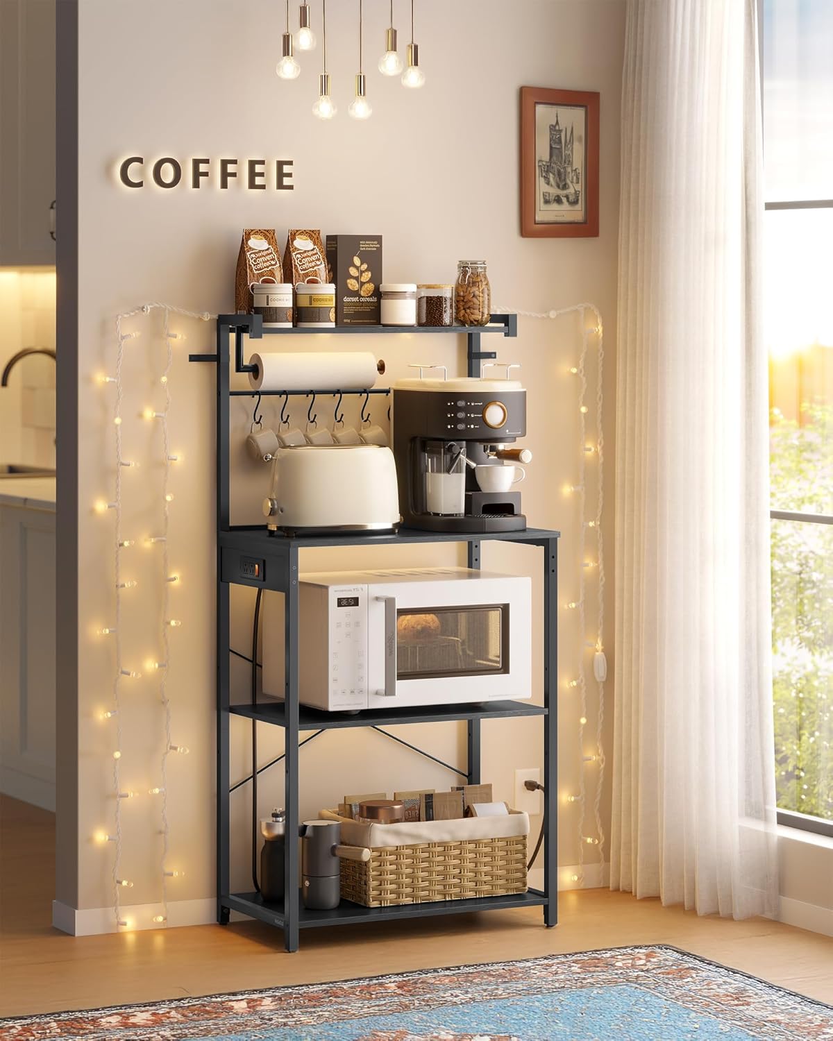 4-Tier Kitchen Bakers Rack with Power Outlet, Coffee Bar, Microwave Stand, Adjustable Shelf, 8 Hooks, Small Space Storage, Charcoal Gray and Ink Black
