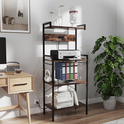 4-Tier Kitchen Bakers Rack with Power Outlets, USB Ports, 8 Hooks, Coffee Bar Table and Microwave Stand, Spice and Pot Storage, Home and Office