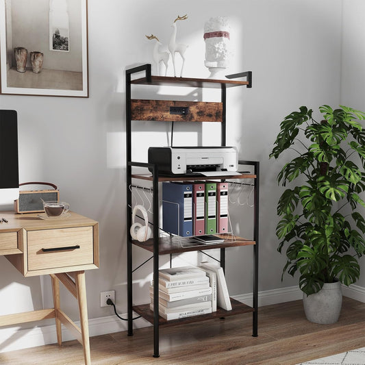 4-Tier Kitchen Bakers Rack with Power Outlets, USB Ports, 8 Hooks, Coffee Bar Table and Microwave Stand, Spice and Pot Storage, Home and Office