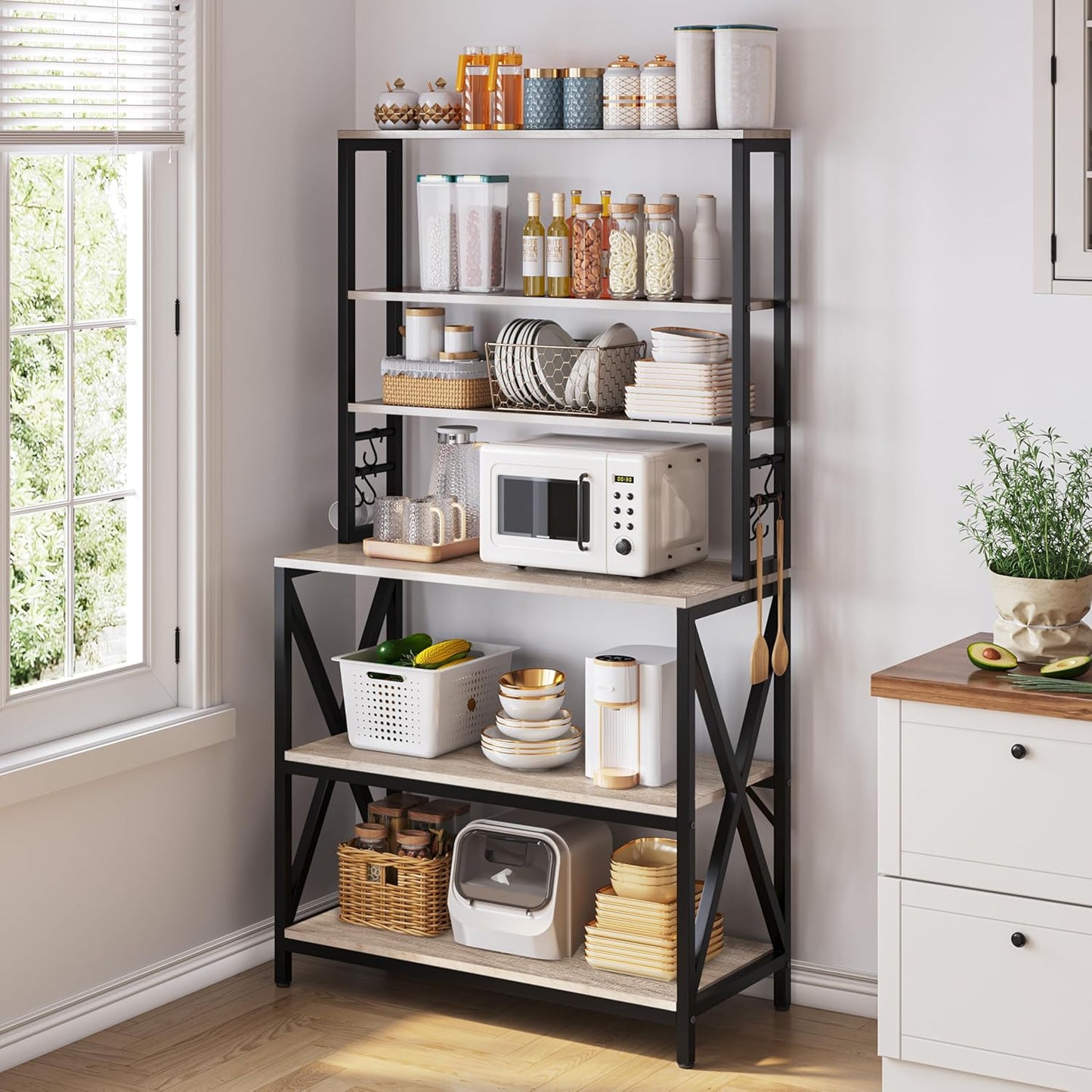 6-Tier Kitchen Bakers Rack, 31.5-Inch Coffee Bar Table, Farmhouse Microwave Stand, Corner Organizer Shelf for Spices and Pots, Grey