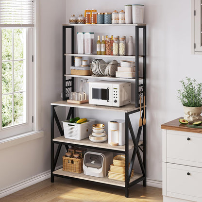 6-Tier Kitchen Bakers Rack, 31.5-Inch Coffee Bar Table, Farmhouse Microwave Stand, Corner Organizer Shelf for Spices and Pots, Grey