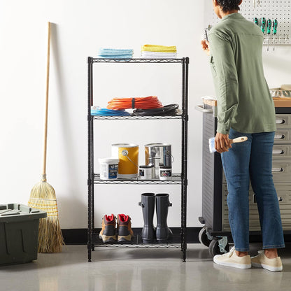 4-Shelf Steel Wire Storage Rack, Adjustable and Sturdy, Easy Assembly, 13.4" D x 23.2" W x 48" H, Black