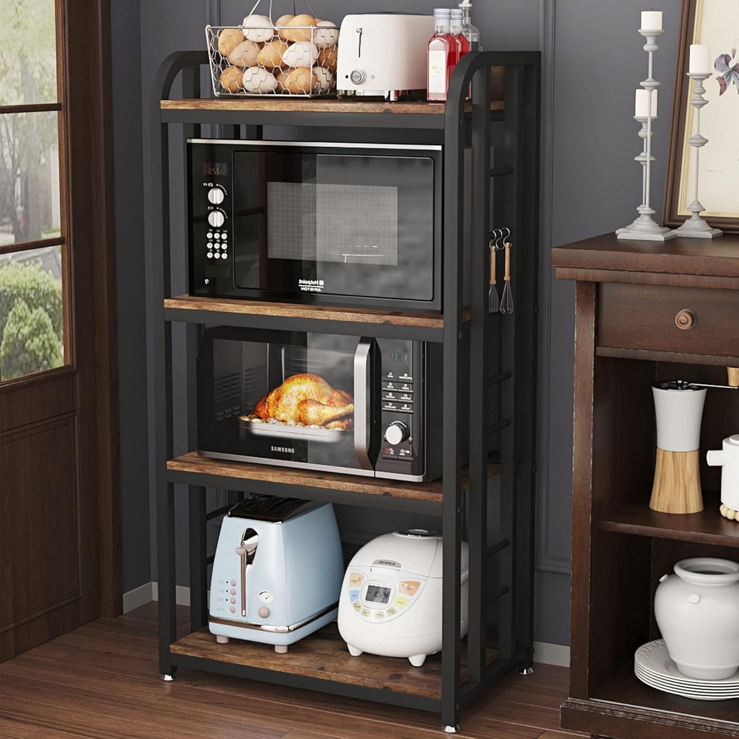 4-Tier Free-Standing Microwave Oven Stand with Storage, Coffee Bar, Adjustable Kitchen Shelves, Bakers Rack, Brown