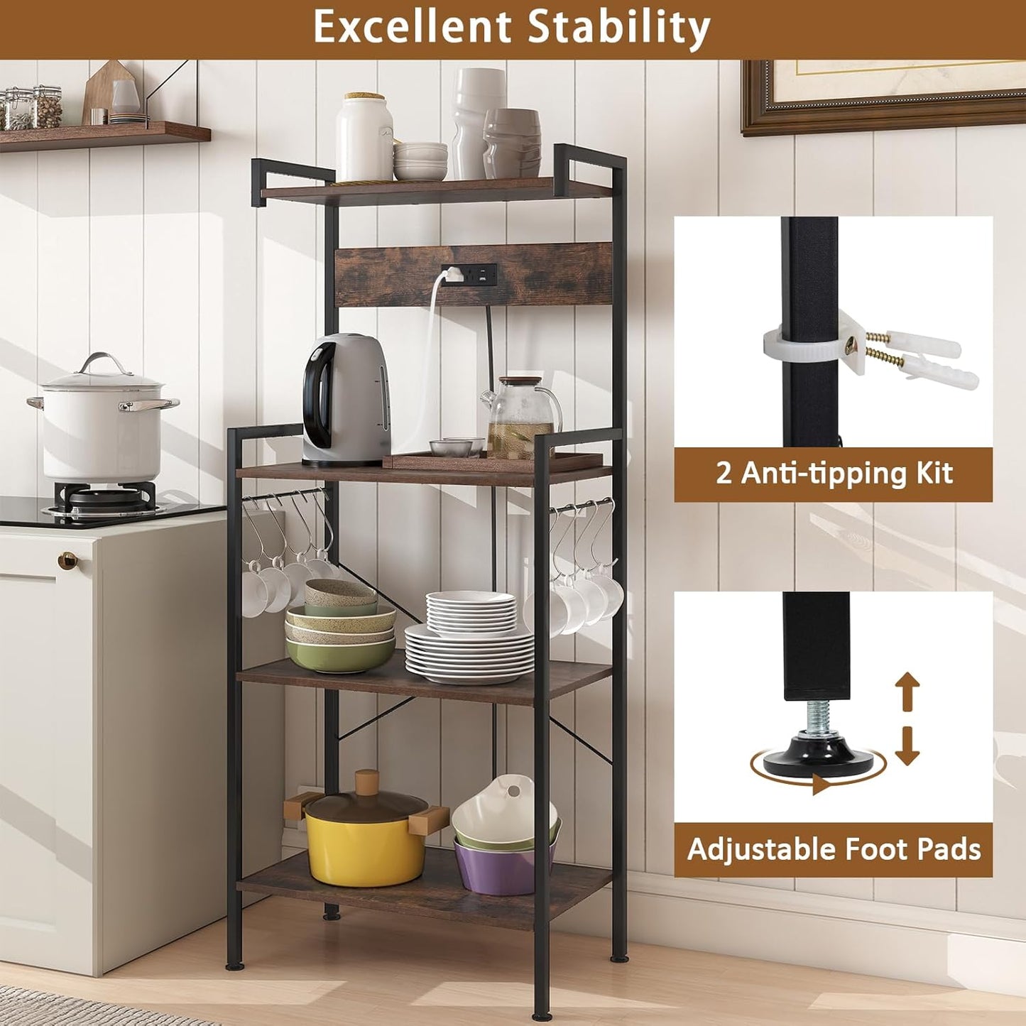 4-Tier Kitchen Bakers Rack with Power Outlets, USB Ports, 8 Hooks, Coffee Bar Table and Microwave Stand, Spice and Pot Storage, Home and Office
