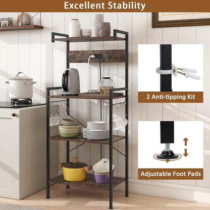 4-Tier Kitchen Bakers Rack with Power Outlets, USB Ports, 8 Hooks, Coffee Bar Table and Microwave Stand, Spice and Pot Storage, Home and Office