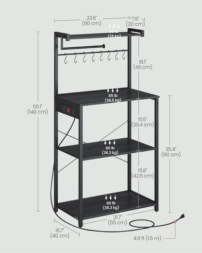 4-Tier Kitchen Bakers Rack with Power Outlet, Coffee Bar, Microwave Stand, Adjustable Shelf, 8 Hooks, Small Space Storage, Charcoal Gray and Ink Black