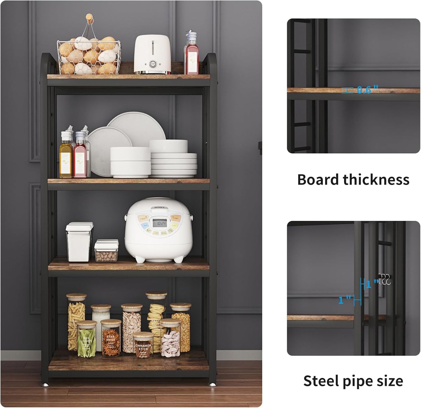 4-Tier Free-Standing Microwave Oven Stand with Storage, Coffee Bar, Adjustable Kitchen Shelves, Bakers Rack, Brown