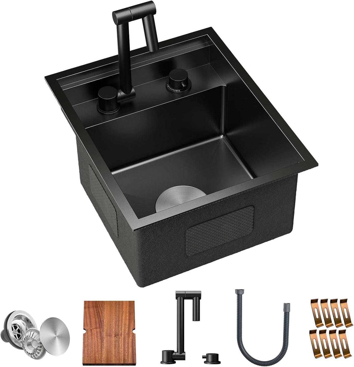 15x18x9-Inch Undermount Bar Kitchen Sink, 16-Gauge Stainless Steel Single Bowl Workstation with Faucet and Cutting Board, Dark Grey