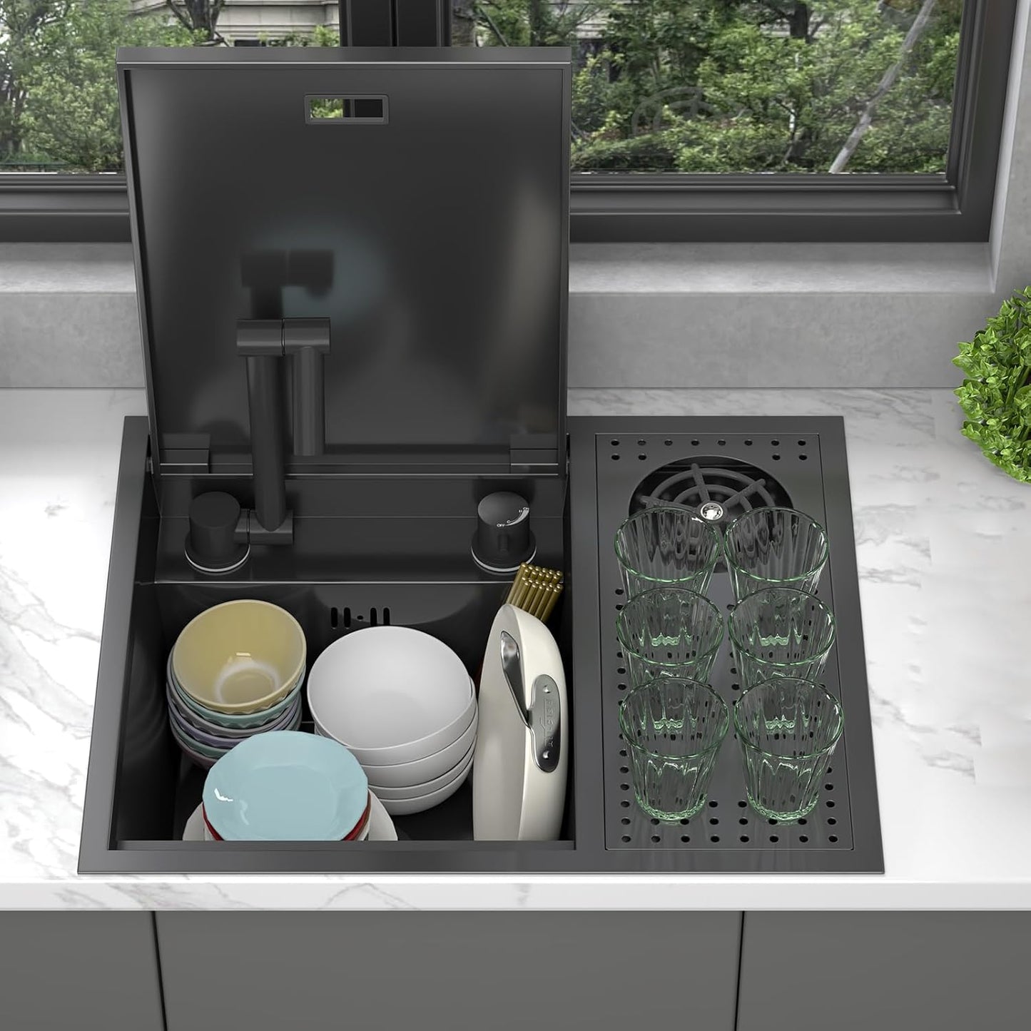 21.6x17.7-Inch Black Stainless Steel Slow Drop Bar Sink for Center Island, Motor Home, Western Style Countertop with Rotating Folding Faucet and Press Cup Washer