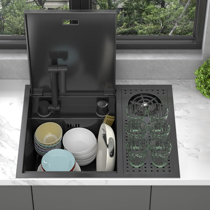 21.6x17.7-Inch Black Stainless Steel Slow Drop Bar Sink for Center Island, Motor Home, Western Style Countertop with Rotating Folding Faucet and Press Cup Washer