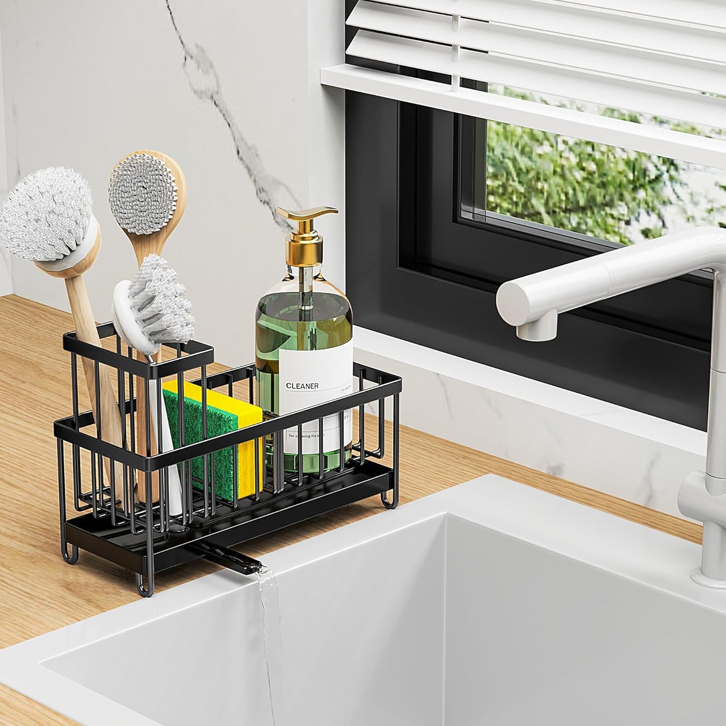 Black Kitchen Sink Sponge Holder Caddy, Rustproof 304 Stainless Steel with Brush & Soap Organizer