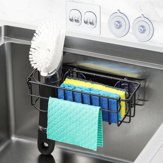 3-in-1 Kitchen Sink Sponge Holder, Hanging Caddy Organizer Rack for Sponge, Dish Cloth, Brush, Scrubber, 304 Stainless Steel, Black, Suction Cup & Adhesive Hook Options