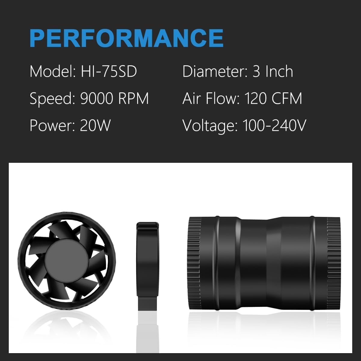 3" Inline Blower Fan with Speed Controller, 120CFM, 20W Ultra-Low Power, Low Noise