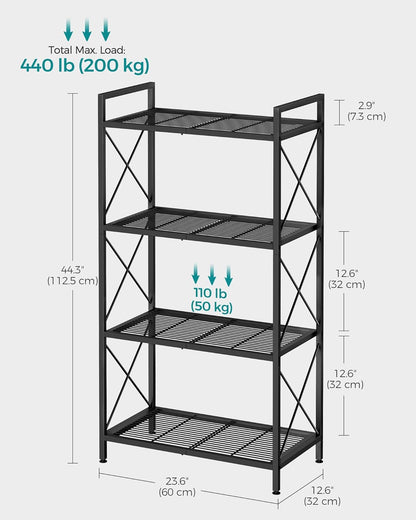 4-Tier Metal Storage Rack with X Side Frames, Dense Mesh, 12.6x23.6x44.3", Industrial Ink Black