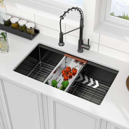 33x19-Inch Black Stainless Steel Undermount Kitchen Sink, Single Bowl Workstation, 16-Gauge T304, Nano-PVD, Round Corners