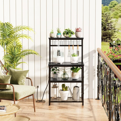 4-Tier Kitchen Bakers Rack with Power Outlet, Microwave Stand, 6 Hooks, Coffee Bar Table, Black