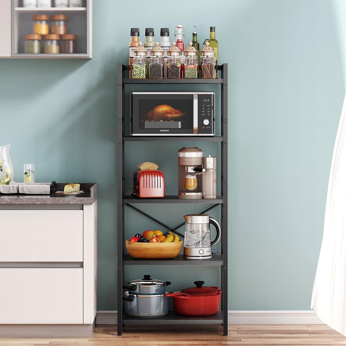5-Tier Bakers Rack, Industrial Microwave Stand, Coffee Bar, Kitchen Storage Shelf, 23.62x15.75x60.24", Black