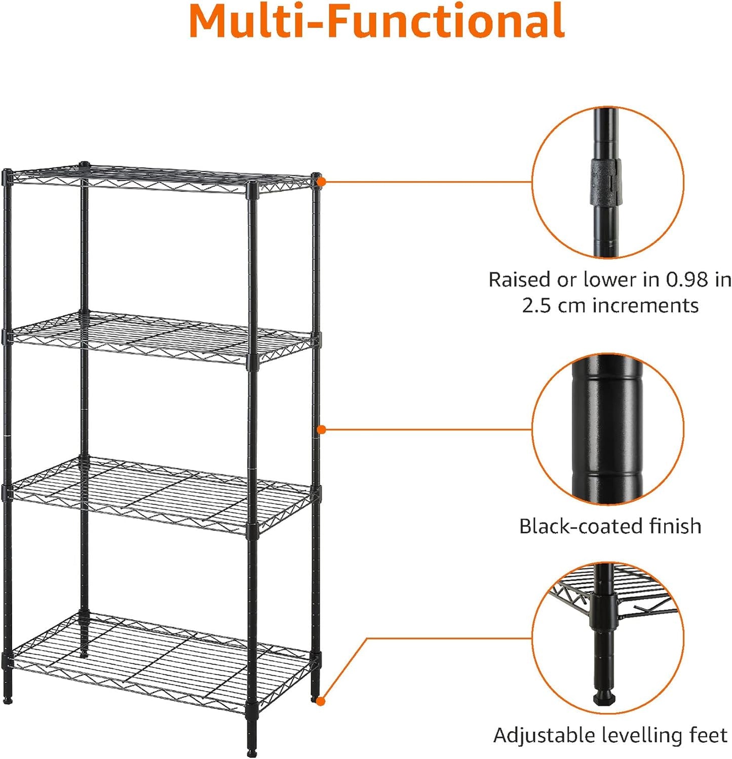 4-Shelf Steel Wire Storage Rack, Adjustable and Sturdy, Easy Assembly, 13.4" D x 23.2" W x 48" H, Black