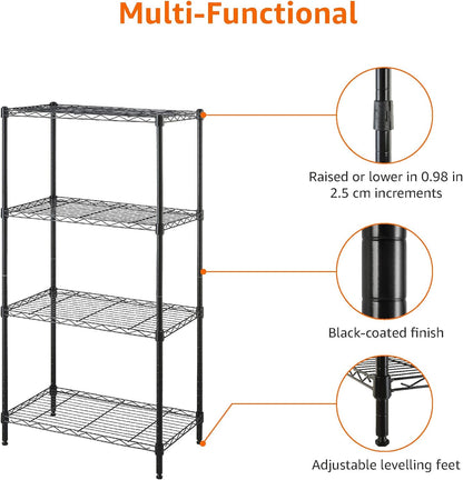 4-Shelf Steel Wire Storage Rack, Adjustable and Sturdy, Easy Assembly, 13.4" D x 23.2" W x 48" H, Black