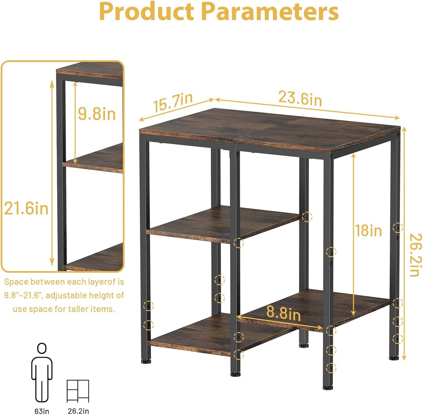 4-Tier Adjustable Kitchen Bakers Rack, Microwave Stand, Multi-Purpose Storage Cart for Coffee Station, Space-Saving Metal Appliance Shelf, Rustic Brown