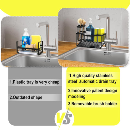Sink Caddy Sponge Holder for Kitchen, Stainless Steel with Brush Holder and Self-Drain Tray, Rustproof Organizer for Sponge, Soap Dispenser, and Accessories