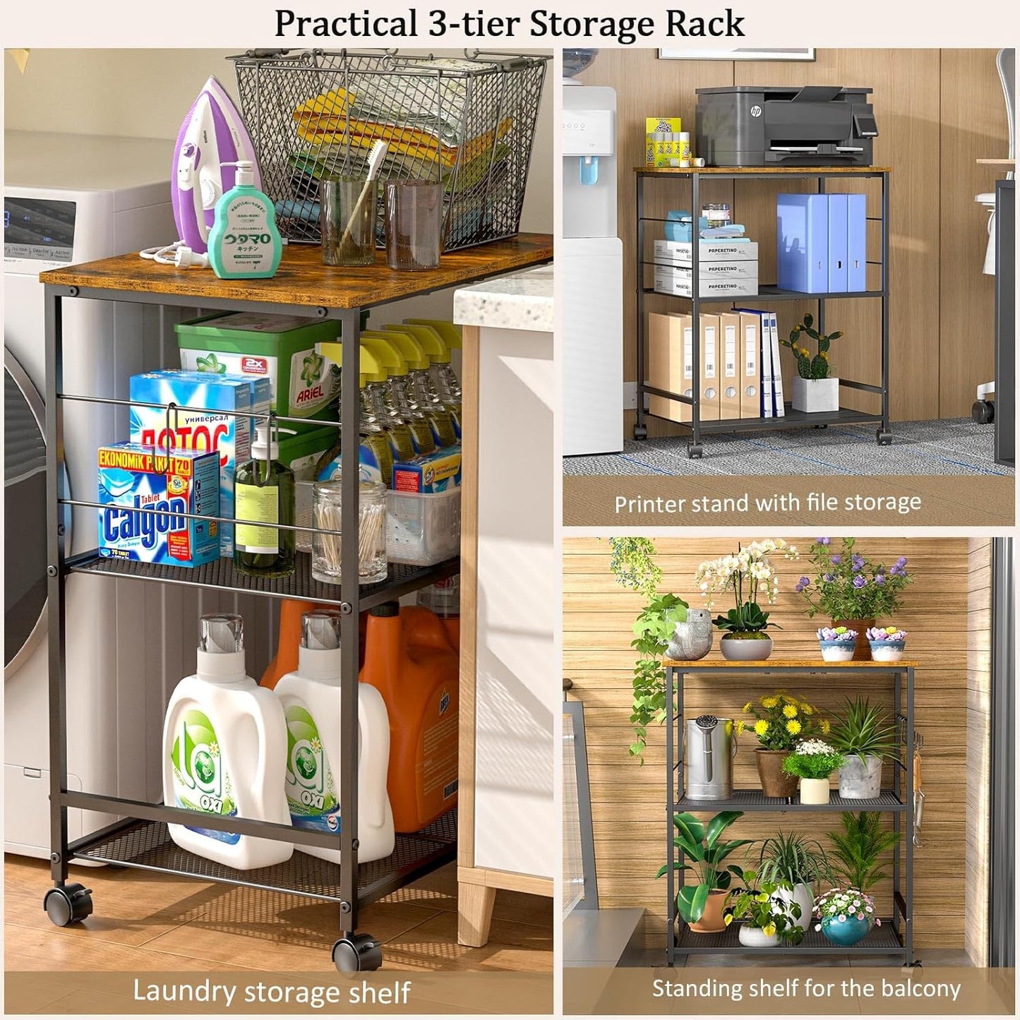 3-Tier Rolling Kitchen Microwave Cart with Storage, Utility Cart on Lockable Wheels, Coffee Cart Shelf Organizer for Living Room, Office, Balcony