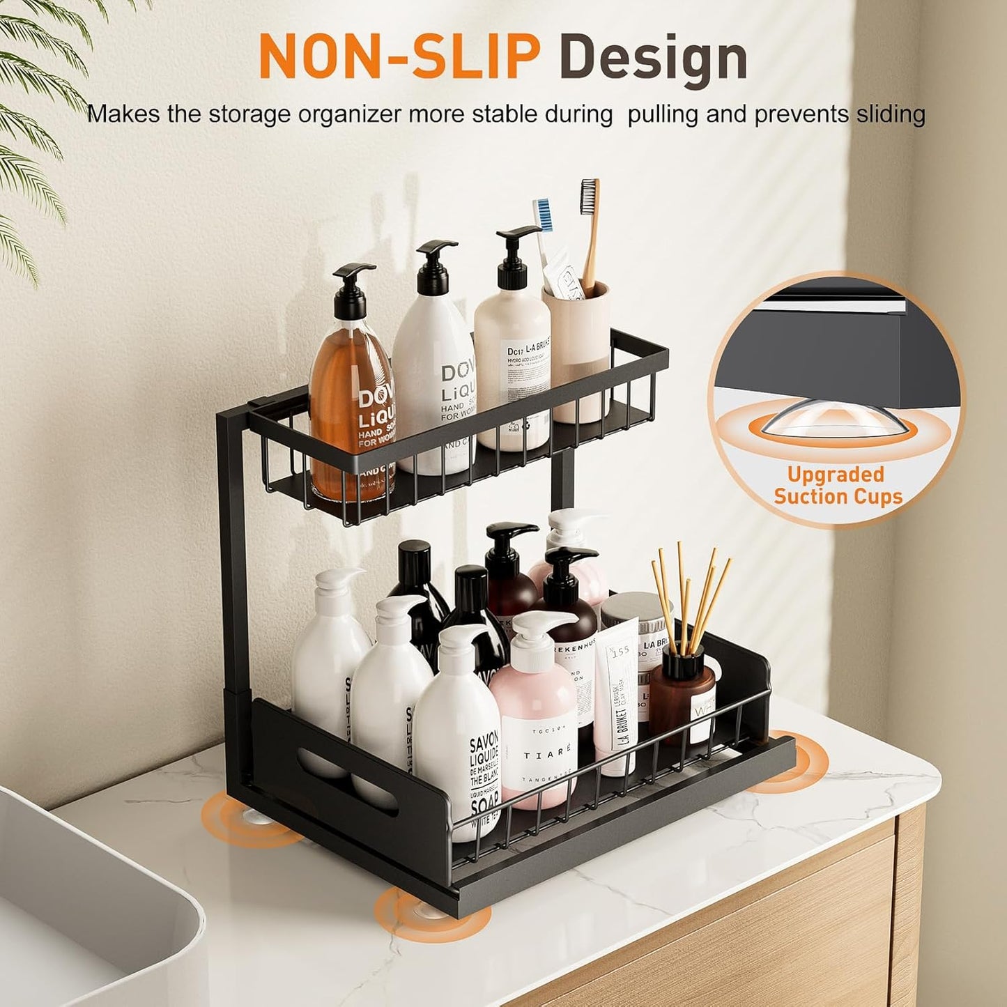 2 Pack Under-Sink Pull-Out Metal Cabinet Organizer Shelves with Sliding Drawer, Storage for Kitchen, Bathroom, Pantry, Laundry, RV, and Spice Organization