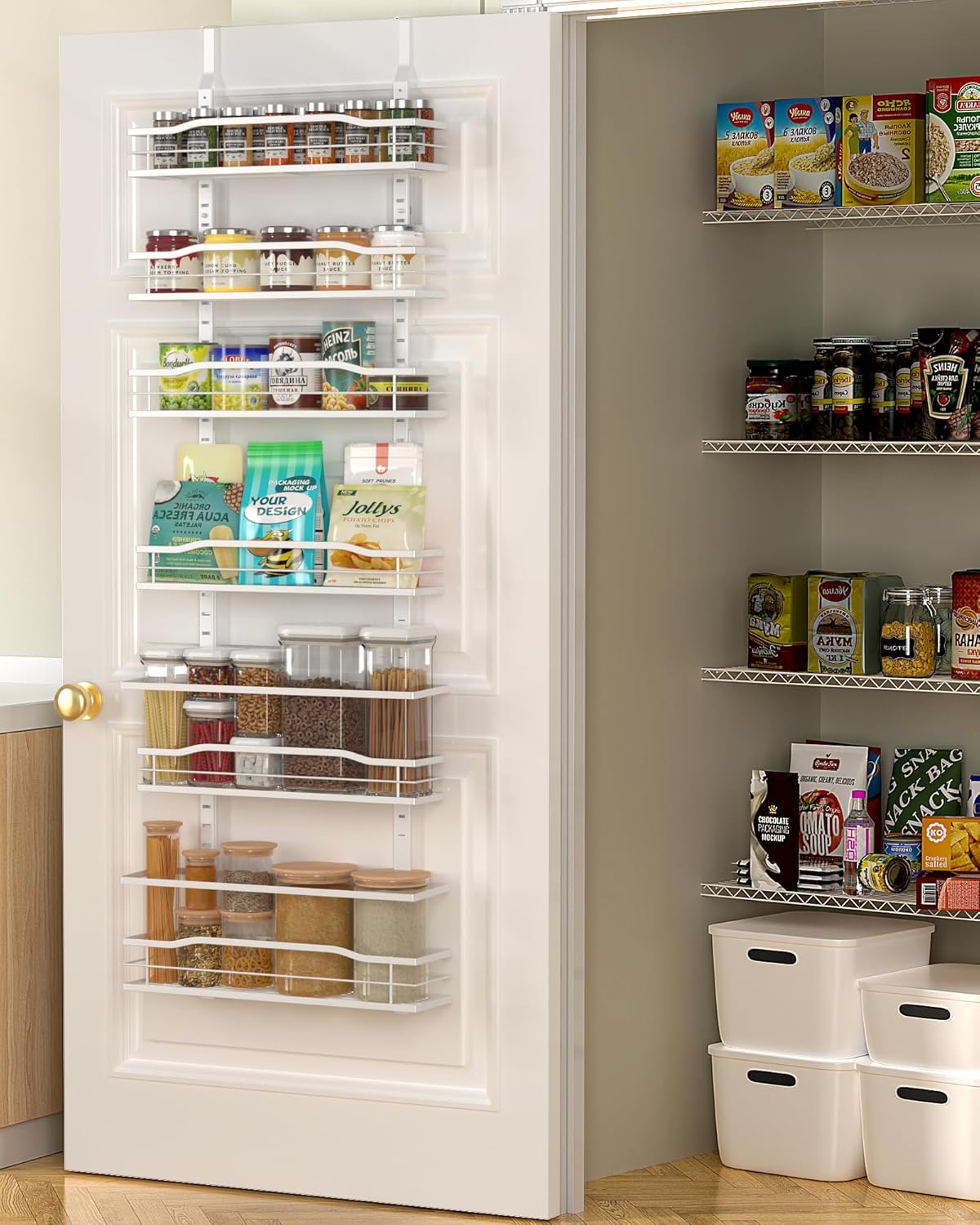 6-Tier Over Door Pantry Organizer, Hanging Metal Spice Rack with Basket Shelves, Kitchen and Bathroom Storage, White