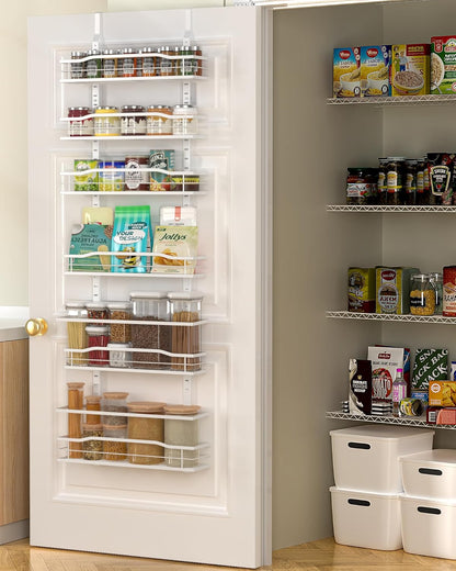 6-Tier Over Door Pantry Organizer, Hanging Metal Spice Rack with Basket Shelves, Kitchen and Bathroom Storage, White