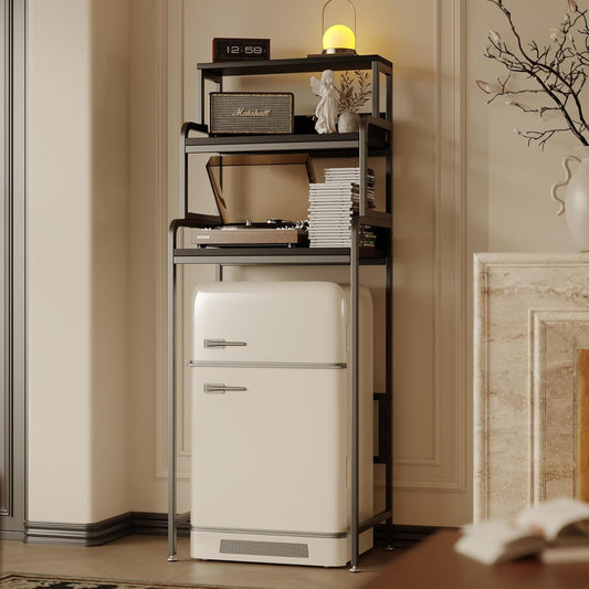 4-Tier Mini Fridge Stand with Storage, Microwave Oven Stand, Bakers Rack, Home, Office, Dorm, Black Wood Grain