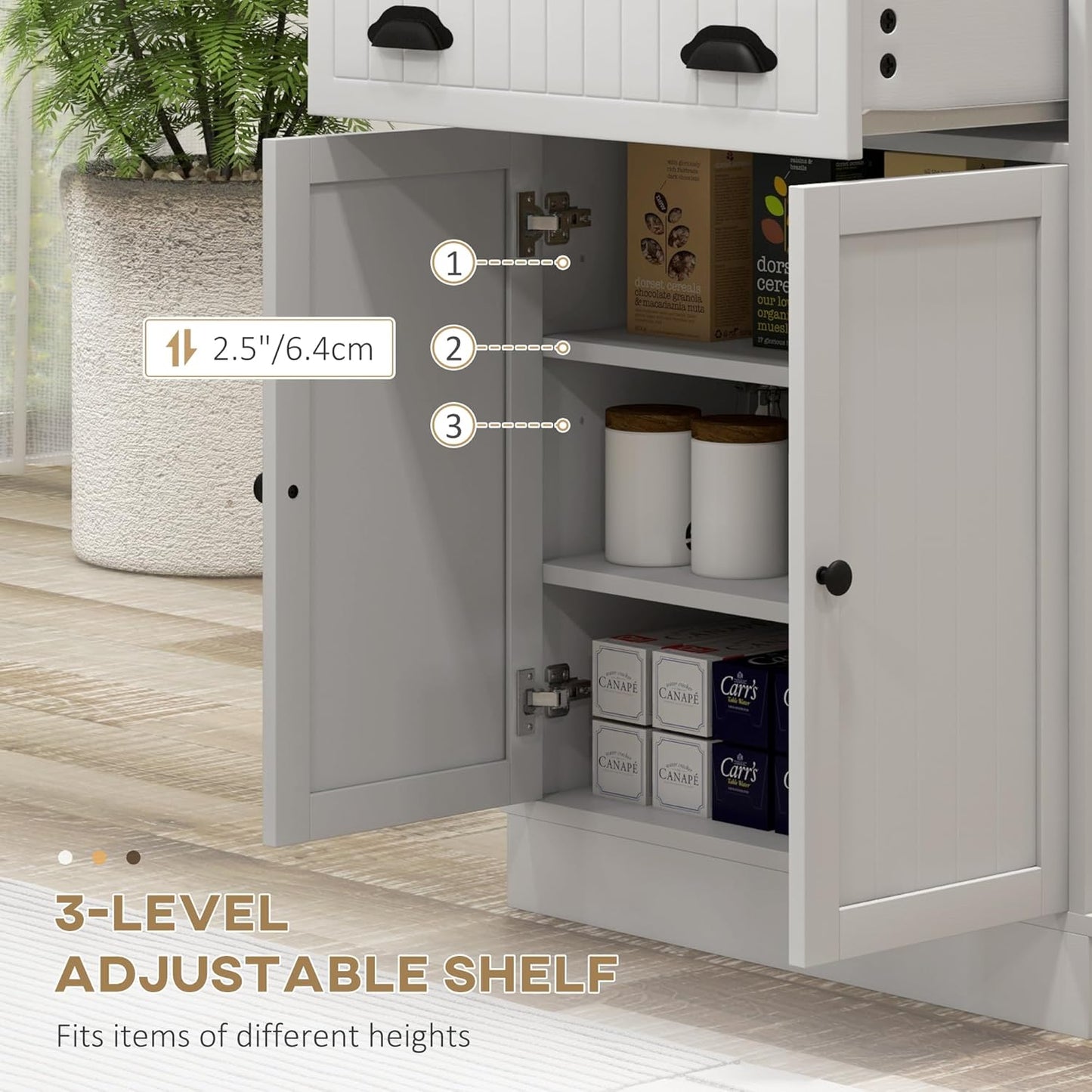 Microwave Cabinet with Storage Drawer, Double Door and Adjustable Shelf, Buffet Hutch with Cable Hole, Kitchen, Dining, Living Room, White